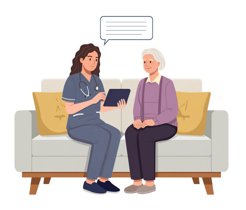 Illustration of physician sitting on a couch with a senior patient