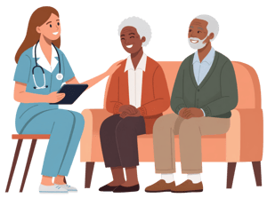 Illustration of physician sitting with a senior patient and caregiver